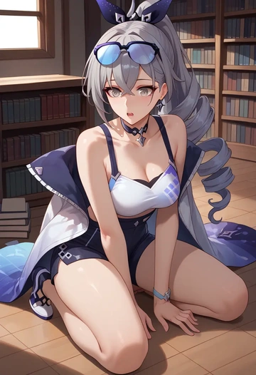 star rail,silver wolf,sleeveless swim top,shorts-style bottom,contrast stitching  - AI generated anime art